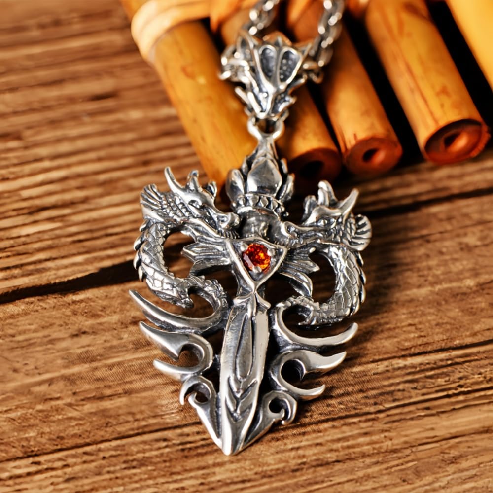 Vintage 925 Sterling Silber Doppelt Drachen Schwert Engel Dämon Anhänger für Herren