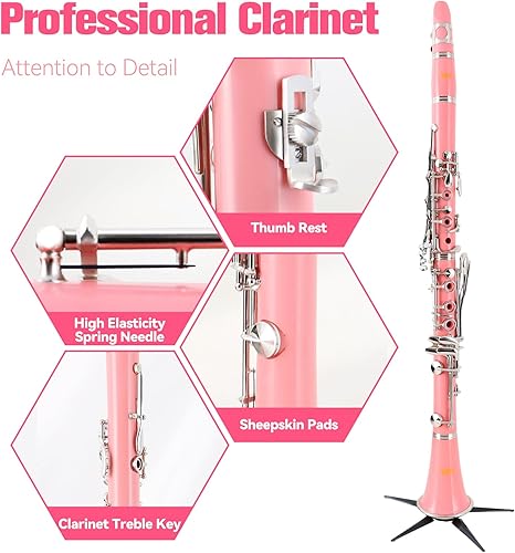 Vista 18 de Clarinete BB para principiantes, estudiantes, clarinete plano B, clarinete de 17 teclas con correa de soporte, 2 barriles, 8 boquillas, cojín
