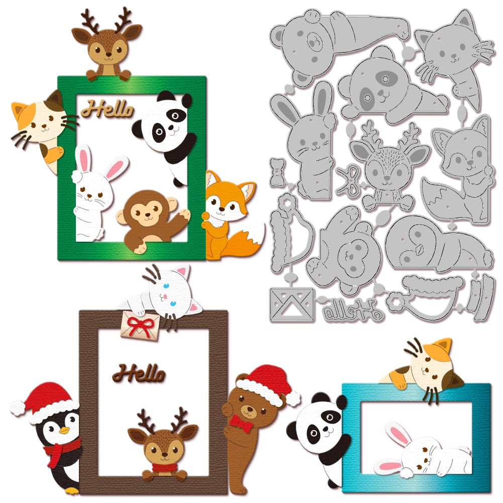 GLOBLELAND Peeking Animals Cutting Dies Metal Cat Bear Deer Penguin Shakers Cutting Die Template Paper Cutting Dies for Scrapbooking Card Making Crafts Paper Cards
