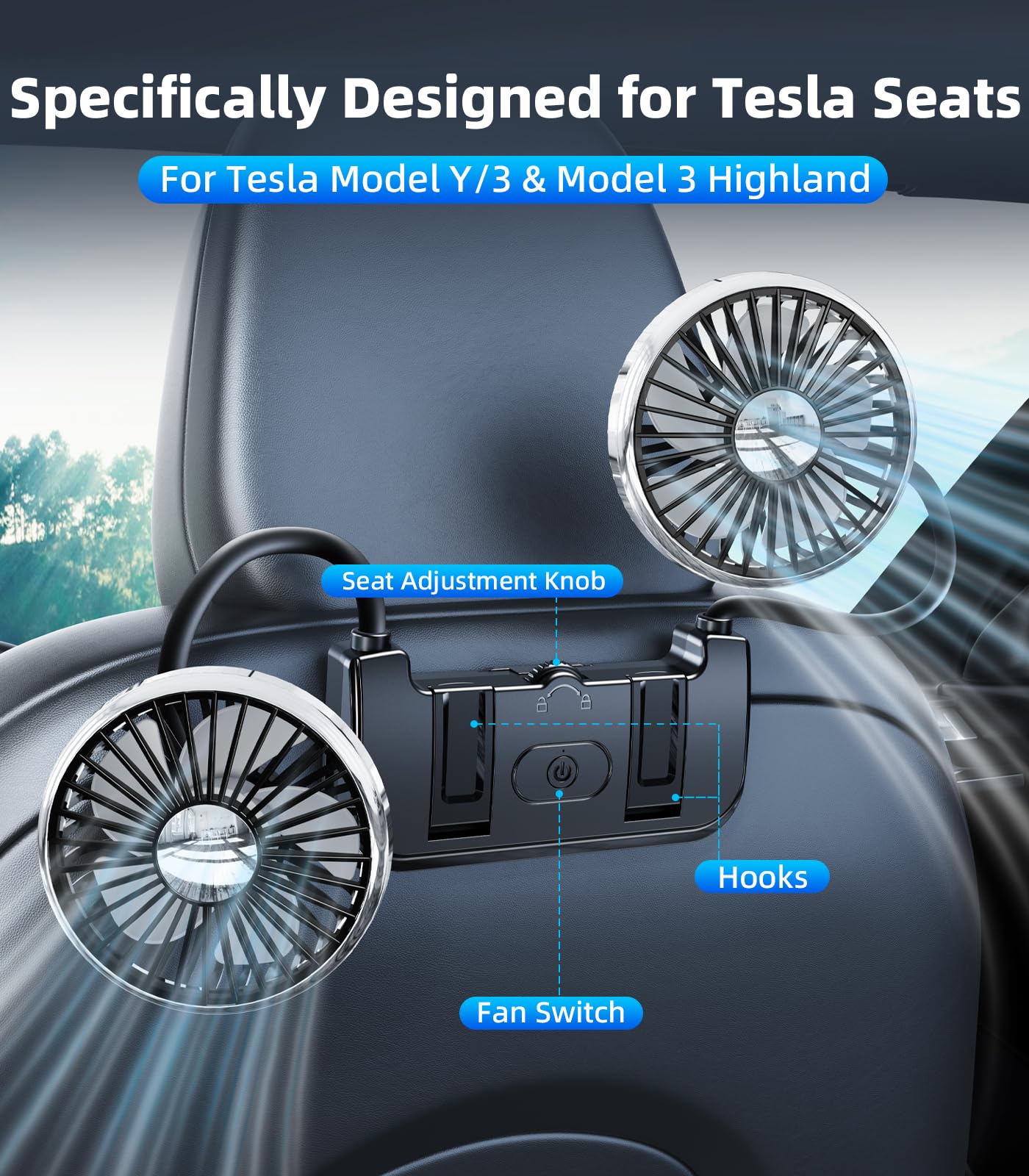 DICMKY Tesla Fan, Dual Head Car Back Seat Fan for Tesla Model Y(Juniper)/3(Highland) Accessories 2026 2025 2024 2023 2022 2021, Car Fans Cooling Hooks for Backseat for Kids Baby Dog Rear Carseat