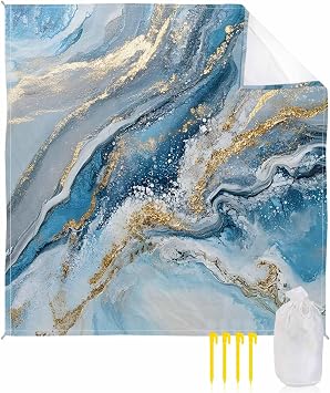 Abstract Ocean Waves Beach Blanket Waterproof Sandproof, Gradient Blue Gold Sea Art Beach Mat Quick Drying Outdoor Picnic Mat 108" x 84" for 1-6 Adults, Essentials for Travel Camping Hiking