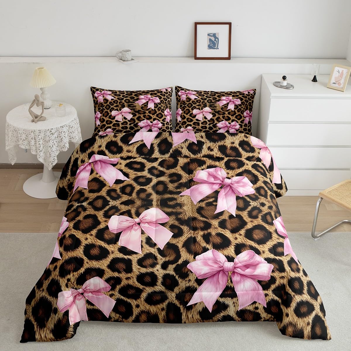Girls Pink Bow Comforter Sets Toddler Size,Rustic Leopard Print Bedding Sets,Safari Animals Skin Quilted Duvet for Kids Teens Girls Woman Room Decor,Cartoon 3D Bow Tie Duvet Insert,1 Pillowcase