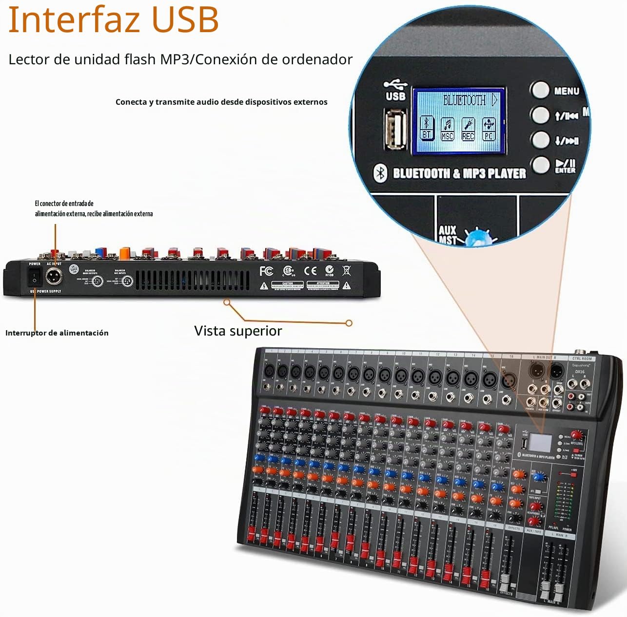 Depusheng DX16 Interfaz de controlador de sonido DJ con unidad USB para grabación de computadora Mezclador de audio de estudio de 16 canales - Conector de XLR, alimentación de 48V