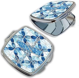 Bleu Reign Compact Personalized Pocket Mirror Custom Name Geometric Pattern Design Moroccan Tiles Pattern White and Blue