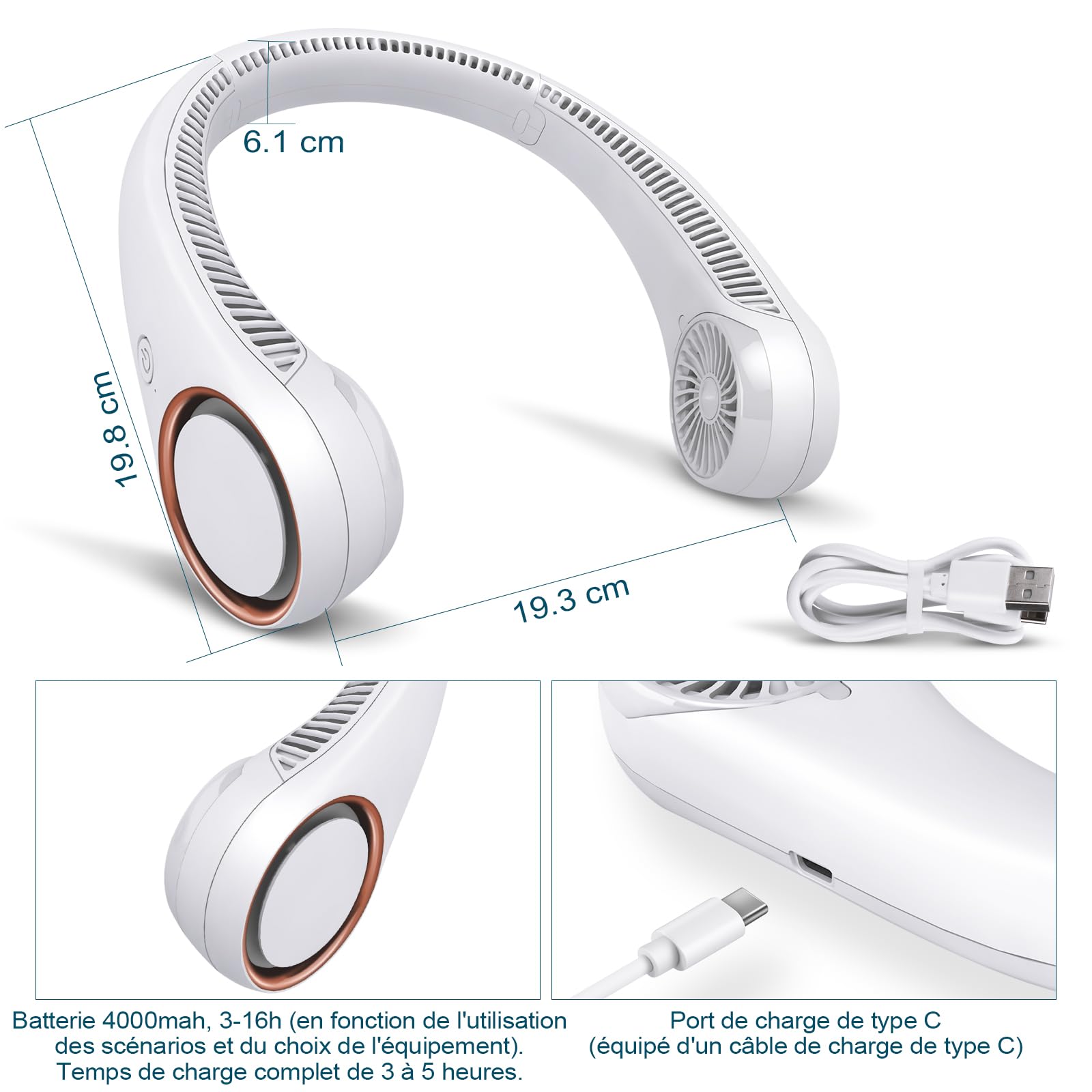 Ventilateur de cou : ventilateur rechargeable sans pales, portable et personnel, pour rafraîchir le cou - mains libres, 3 vitesses, batterie 4000 mAh, alimentation USB, conception de casque portable