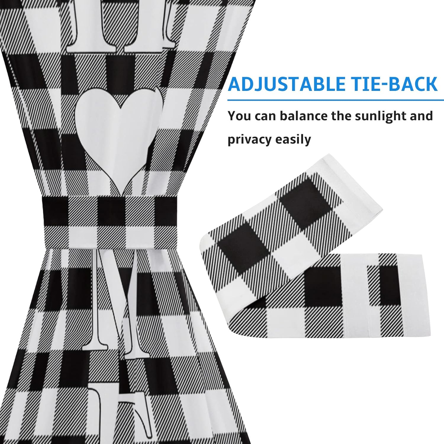 JasmineM Door Curtains Door Window Curtain for Privacy, Rod Pockets French Door Curtain with Tieback, Farmhouse Buffalo Plaid Check Washable Door Panel Curtains, 54Wx72L, 1 Drapery, Black White Heart