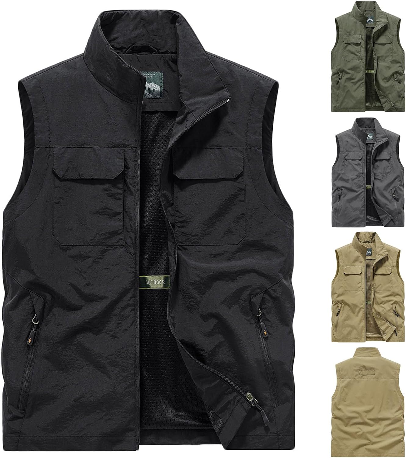 Cambkatl Men's Fishing Vest - Lightweight Full Zip Loose Stand Collar Sleeveless Utility Cargo Outerwear with Multi-Pockets