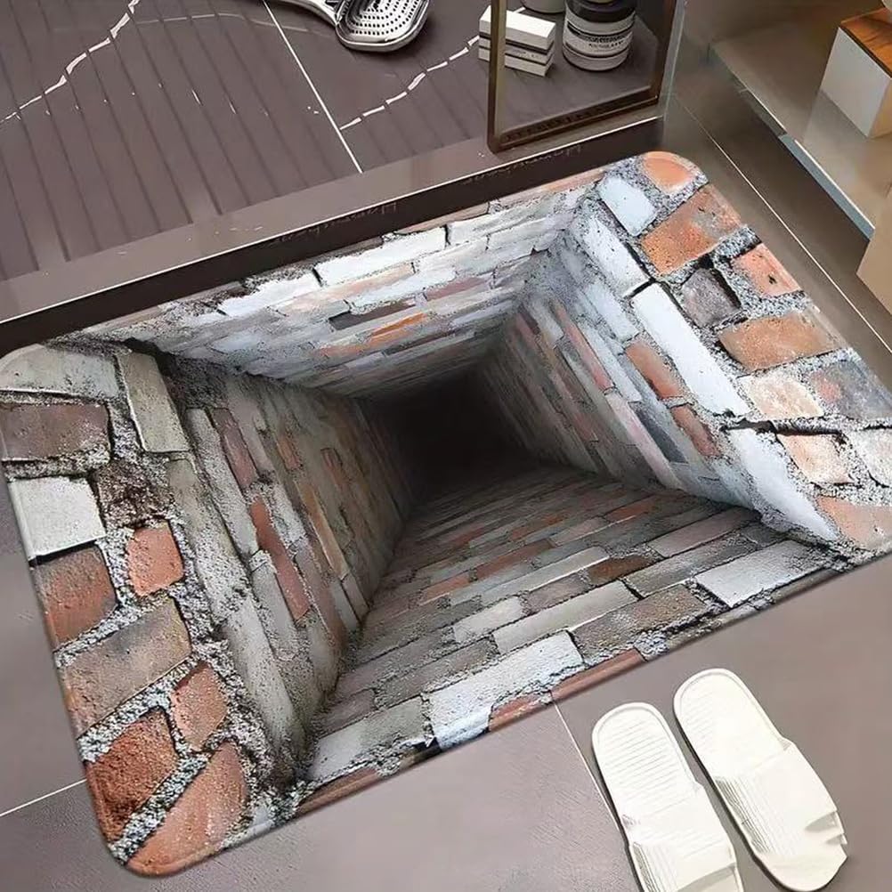 JUXDZISHW Front Door Mat Outside Entrance, Brick Bottomless Hole Area Rug for Living Room 3D Trap Optical Visual Illusion Rugs Playroom Floor Carpet Mat Non-Slip,J,50 * 80cm