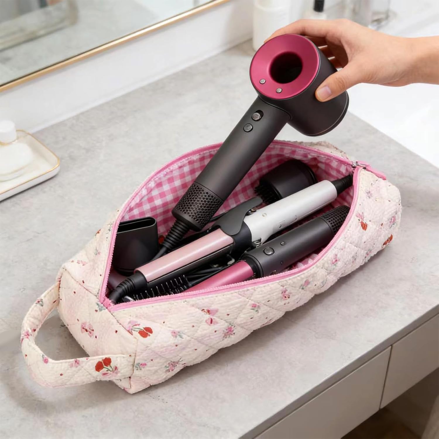 Quilted Travel Hair Tool Bag with Handle for Curling Iron Dryer