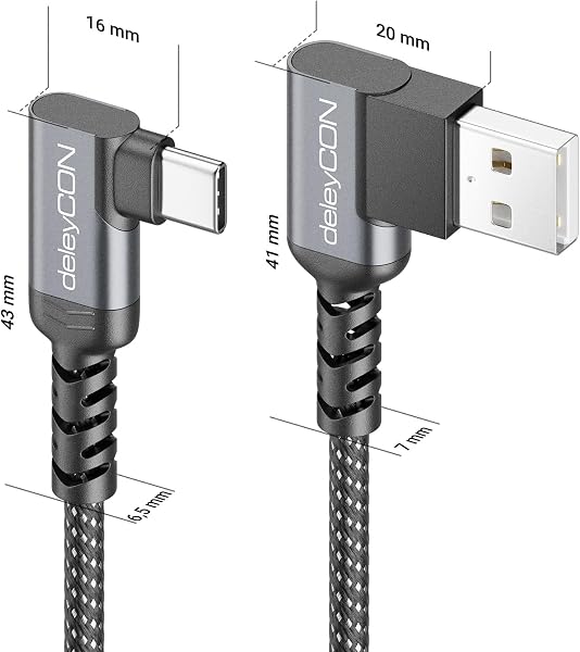 deleyCON 0.5 m USB C Cable Short 2x Angle 90 Degree USB-A to USB-C Charging Cable Data Cable Angled for iPhone 17 16 15 Pro Max Air Galaxy A16 A56 S25 S24 S23 Pixel AirPods Notebook PS5 - 2