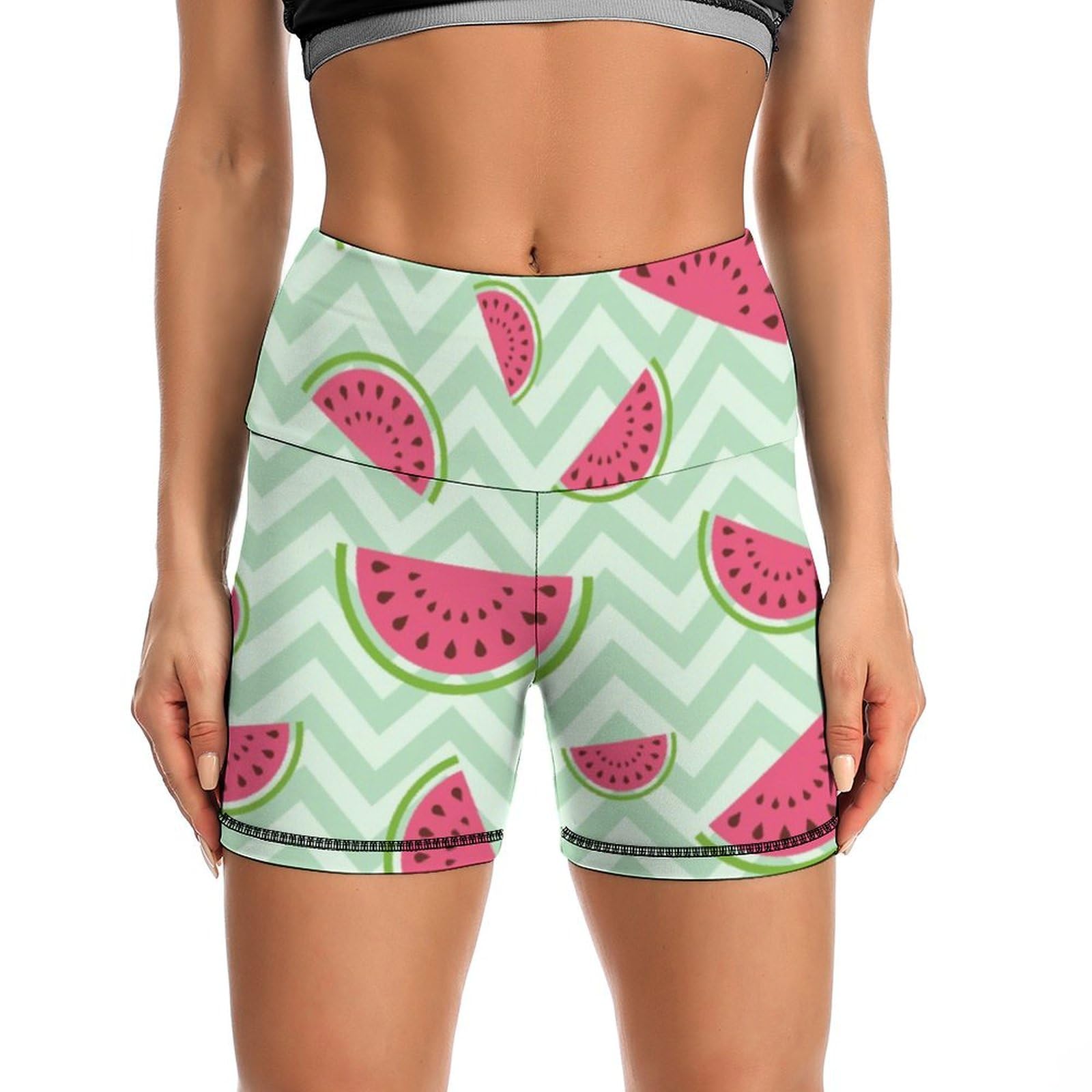 Watermelon in Green Stripes High Waist Yoga Shorts for Women Athletic Shorts Leggings Running Pants
