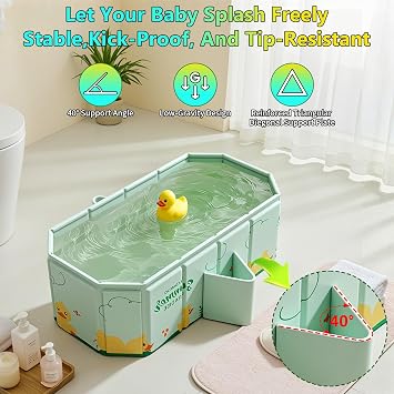 Foldable Baby Bath, Portable Baby Bathtub, All-in-One Design with Drain Plug, Large Toddler Bath for Ages 0-8, 78 X 45 X 30 CM(Cyan)
