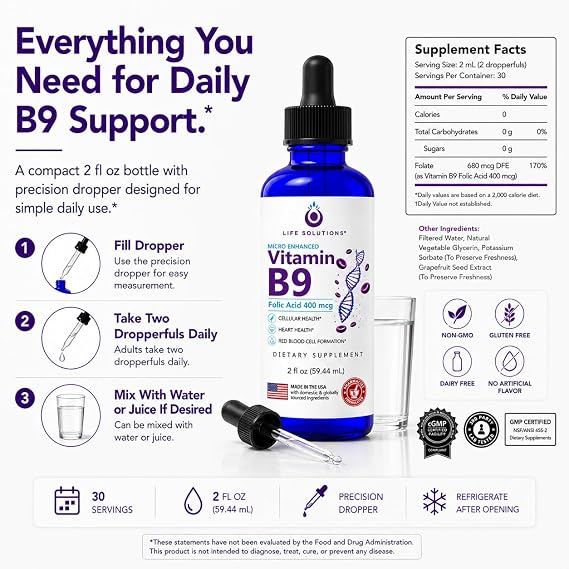 Life Solutions Vitamin B9 Liquid Drops, Folic Acid 400 mcg, 2 fl oz
