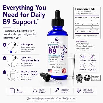 Life Solutions Vitamin B9 Liquid Drops, Folic Acid 400 mcg, 2 fl oz