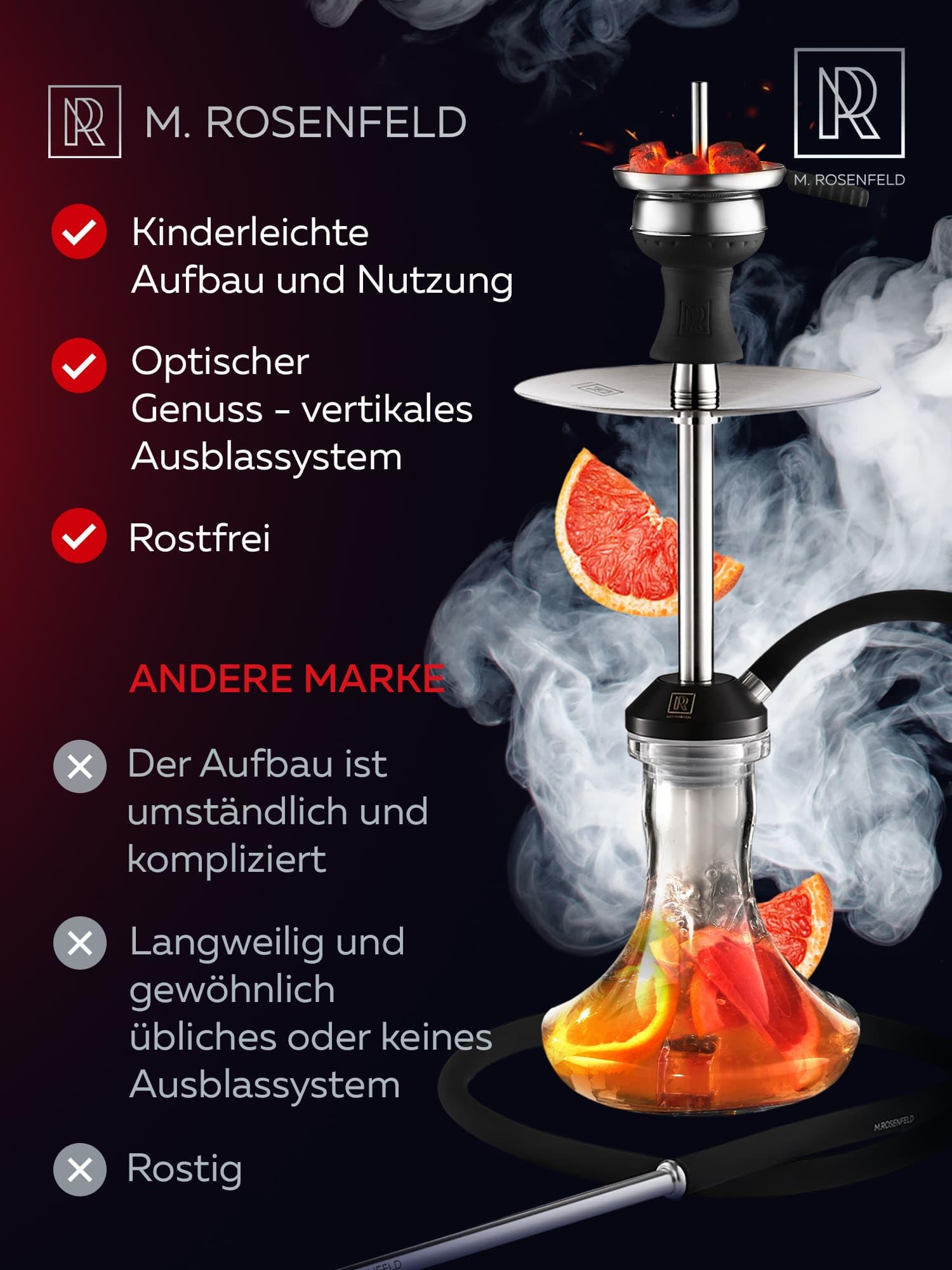 M. ROSENFELD Edelstahl Shisha Set Komplett - SSS Reise Shisha Köpfe und Shisha Zubehör incl. 150cm Shisha Schlauch mit Mundstück + Shisha Kaminkopf