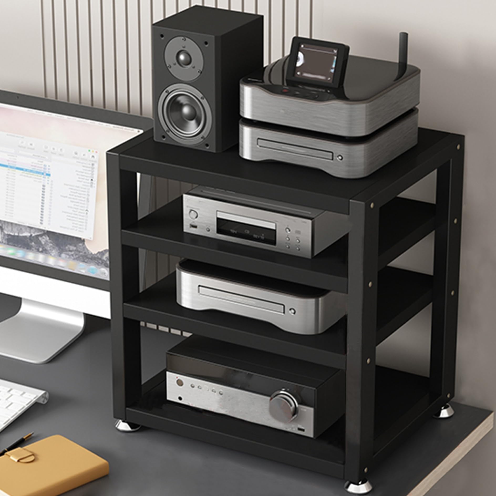 3-poziomowy stojak na media AV, półka na konsolę do gier wideo, drewniany narożny stojak do przechowywania małych przestrzeni, odtwarzacz DVD, TV Box i router WiFi (czarny 114 cm)
