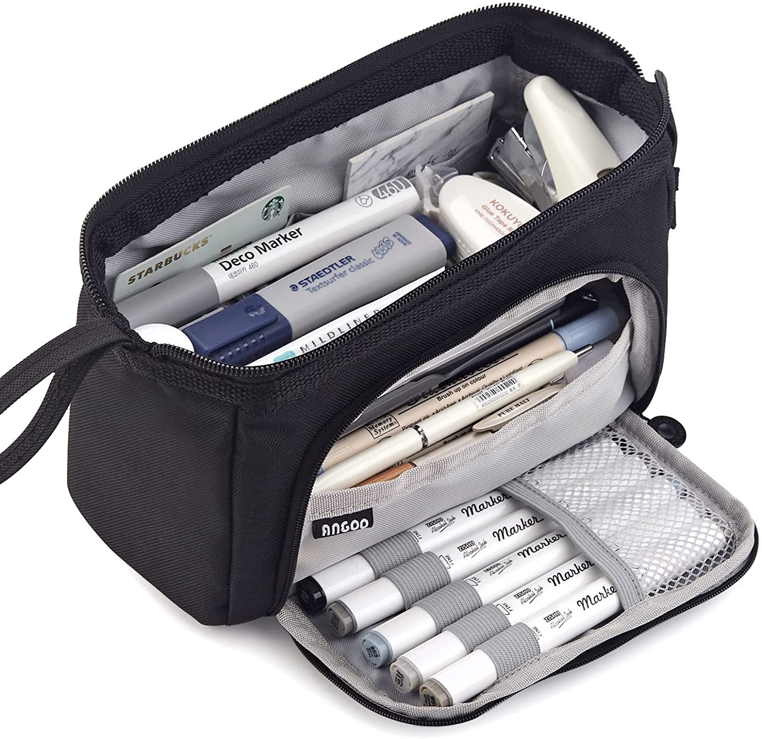 Large Capacity Pencil Pouch for Girls and Boys, Aesthetic Canvas Geometry Pencil Box, Big Pouches for Stationary, Organize Markers Pens, Stationery Bags for School College Office (Black)