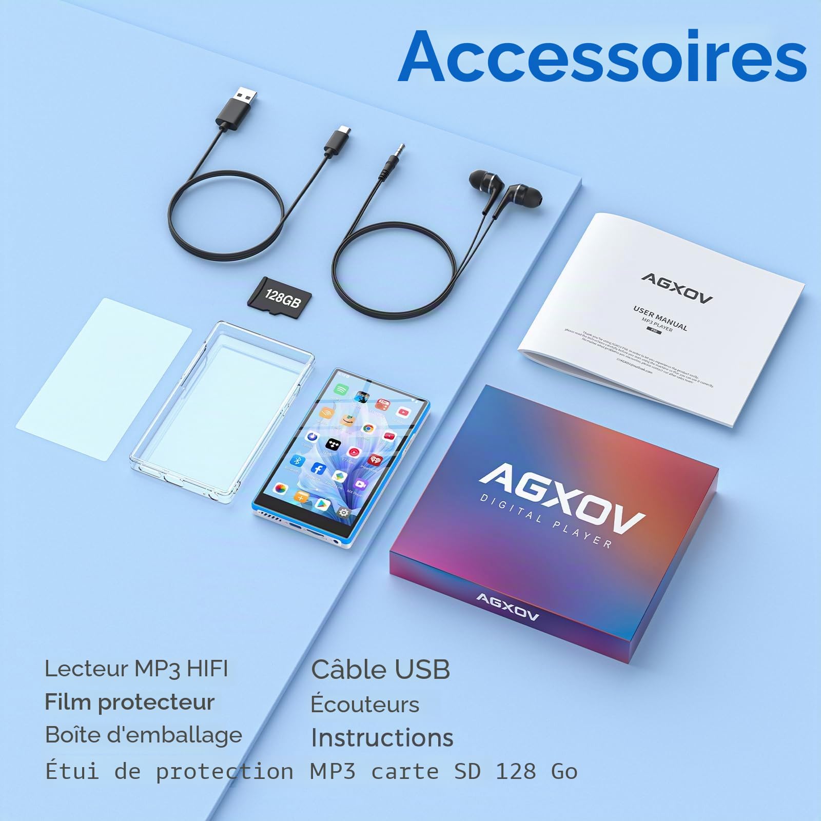 96Go Lecteur MP3 avec Bluetooth et WiFi, Lecteur MP4 avec Écran Tactile de 5 Pouces et Haut-parleurs, Baladeur MP3 avec Spotify, Deezer, Amazon Music, Bleu & Blanc
