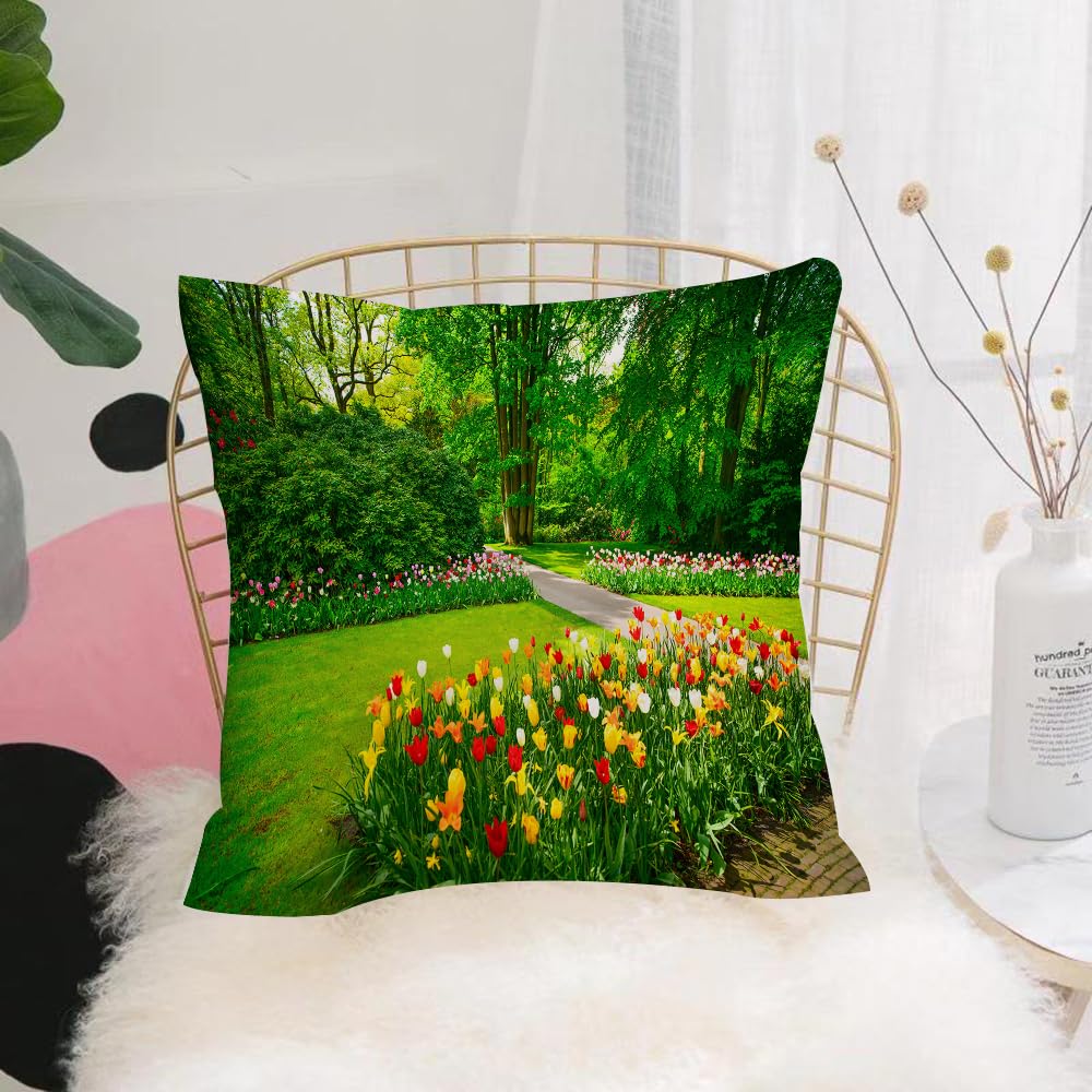 HYMSXW Cushion Cover,Throw Pillow Case Home Decorative for Living Room Bedroom Sofa Chair 20X20 Inch,Nature flower country house, garden with tulips and trees spring in Keukenhof N,Pillowcase 50X50cm