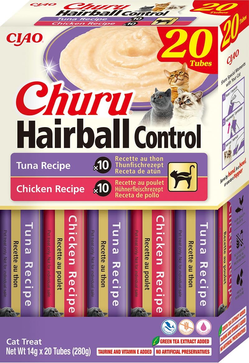 INABA Churu Anti Hairball Katze mit Taurine, Ballaststoffe, 30% Huhn oder Thunfisch, Getreidefrei, Zuckerfrei, Einzelzutat, Keine Nebenerzeugnisse, Katzen Leckerlies Anti Haarballen Katze 20 x 14 g