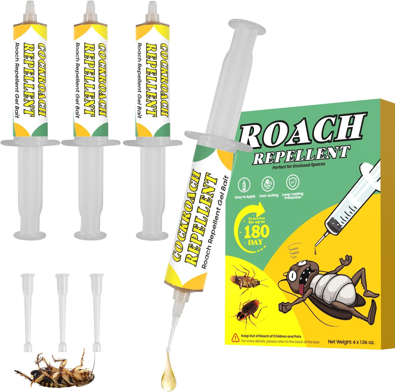Cockroach Gel Bait, 4 Tubes x 30 Grams Roach Gel Bait Killer Against All Roaches, Cockroach Killer Indoor Home Fast-Acting & Long-Lasting 180-Day Protection, Safe for Indoor Use Around Kids and Pets