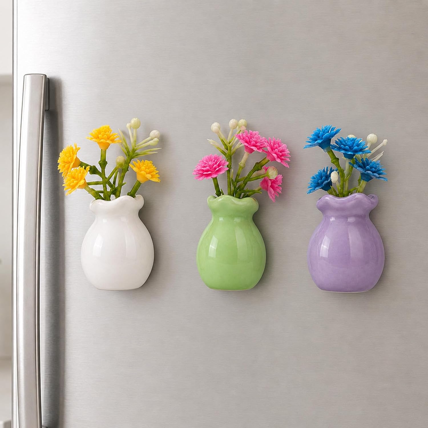 3Pcs Mini Ceramic Vase Fridge Magnets with Artificial Flowers