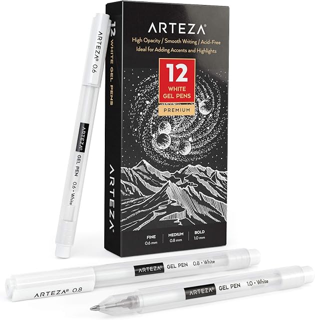 ARTEZA White Gel Pen Set, Pack of 12, White Gel Pens for Art Designs with 0.6mm, 0.8mm, and 1.00 mm Nibs, White Rollerball Pens for Writing, Drawing, Taking Notes & Sketching