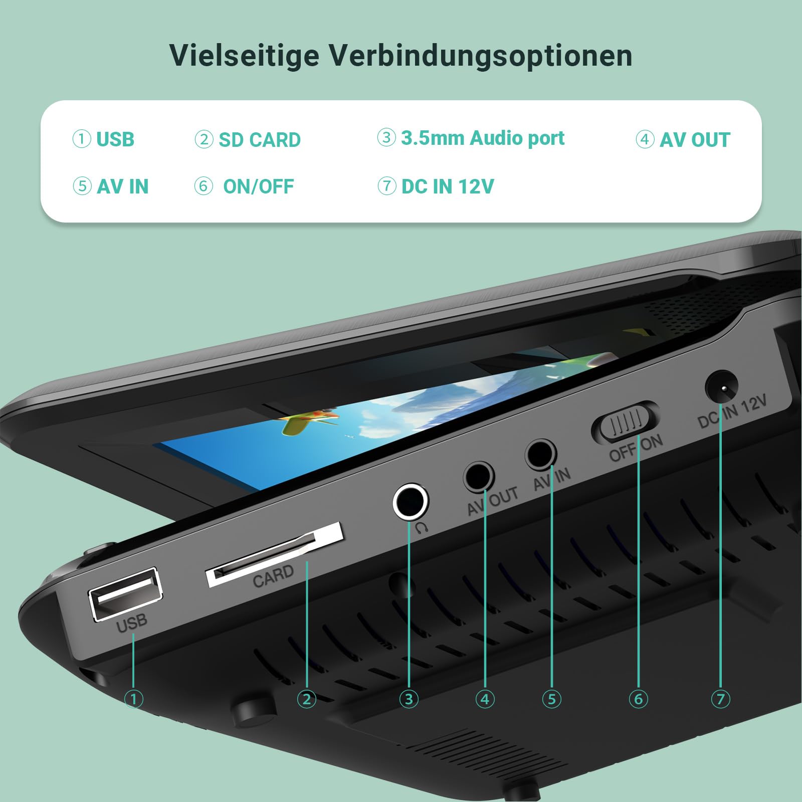 POFOTO 9,5" Tragbarer DVD Player mit 7,5" HD-Schwenkbaren Bildschirm, 4-6 Stunden Akkulaufzeit, DVD Player Auto mit Dual-Lautsprechern, Autoladegerät, Netzteil, Sync TV/USB/SD-Karte (Schwarz)
