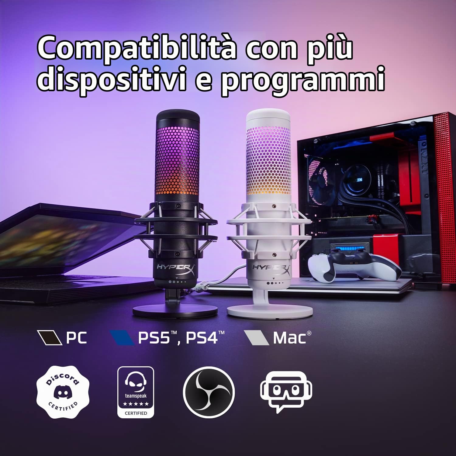 HyperX QuadCast S, Microfono da Gaming, USB a condensatore, Anti-Vibrazione, FiltroPop, Illuminazione RGB, Tap-To-Mute, Streaming, Discord, Twitch, Discord, Youtube, per PC, PS5, PS4, Mac, Bianco