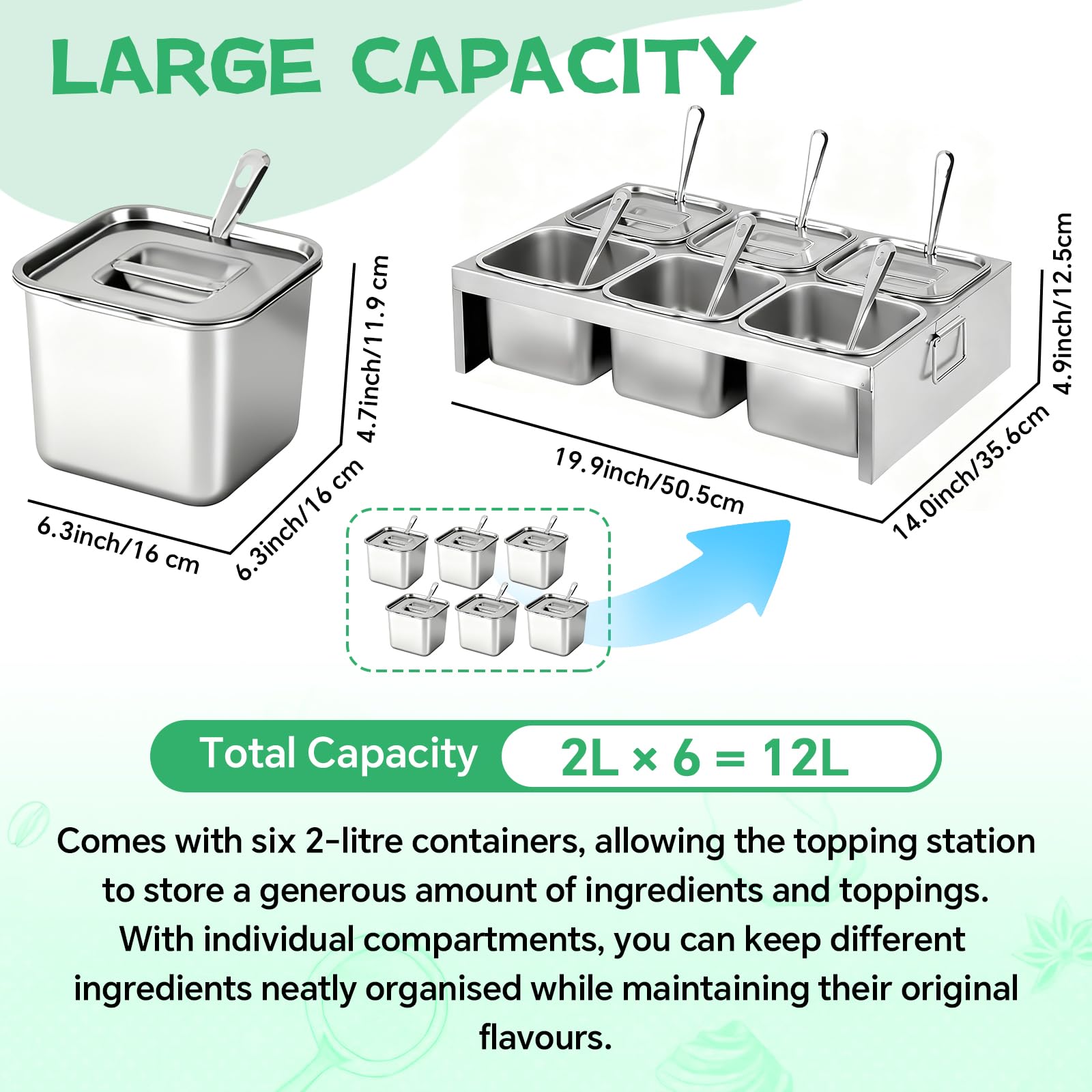 JAOGAUS Contenedor de Ingredientes, 6×2L Recipientes de Acero Inoxidable con Tapas & Cucharas, Bandeja de 6 Compartimentos Estación de Toppings para Pizza, Accesorio de Pizza para Cocina & Hostelería