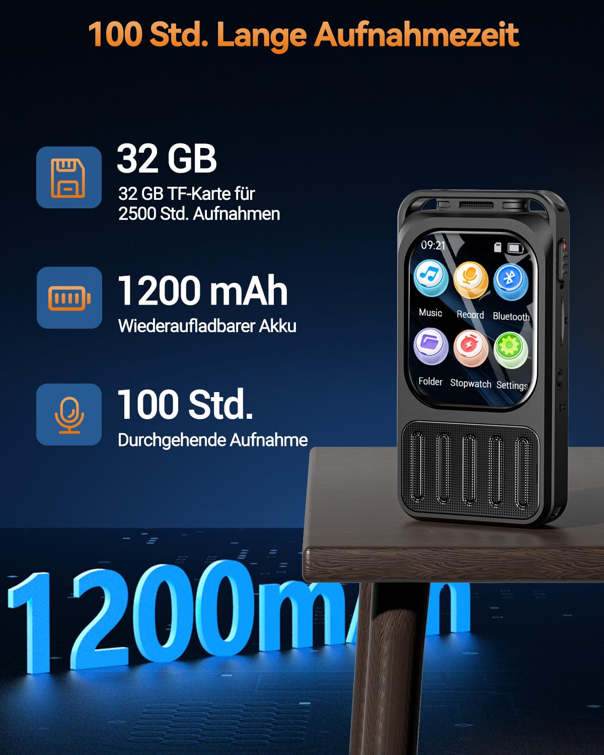 Diktiergerät mit 2 Zoll Touchscreen & Bluetooth, XIXITPY HD 100Std Aufnahmegerät mit DSP-Rauschunterdrückung, MP3, Sprachaktivierung für Meetings Interviews Vortrag Vorlesun