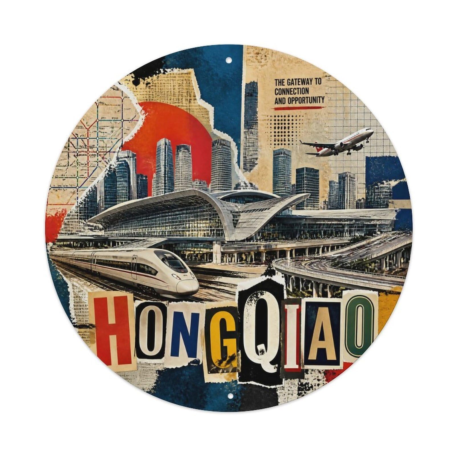 Okngb Style Hongqiao District Shanghai Collage Travel River Grid Metal Tin Sign Plaque Wall Decor For Cafe, Man Cave, Club Bar, Office, Home Garden Round Metal Poster 8X8inch