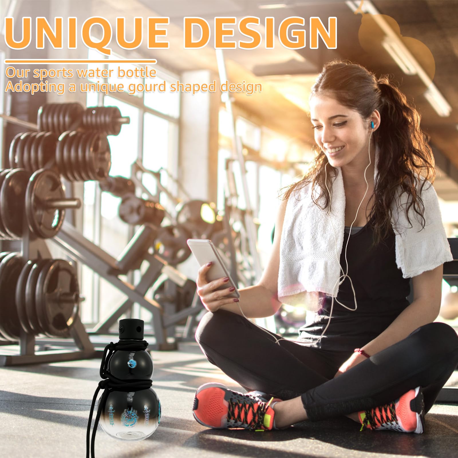 Gourd Water Bottle, 900ml Gourd Sports Water Bottle, Travel Water Bottle for Gym, Gourd Style Water Bottle, Retro Inspired Gourd Bottle for Daily Drinking Use (Black2)