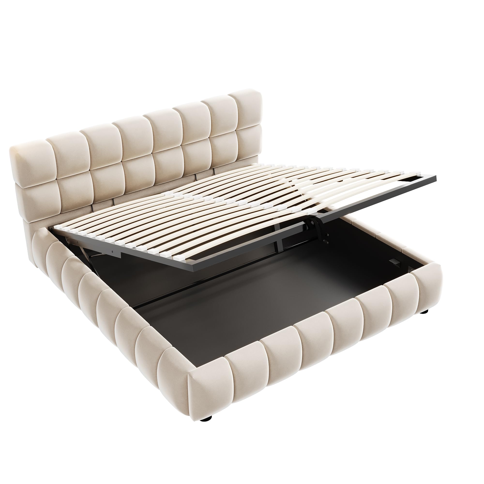 Cama tapizada de 140 x 200 cm, cabecero y laterales de cama con forma sólida y voluminosa, equipada con función de almacenamiento hidráulico, colchón integrado, cama doble, tela de terciopelo, sin