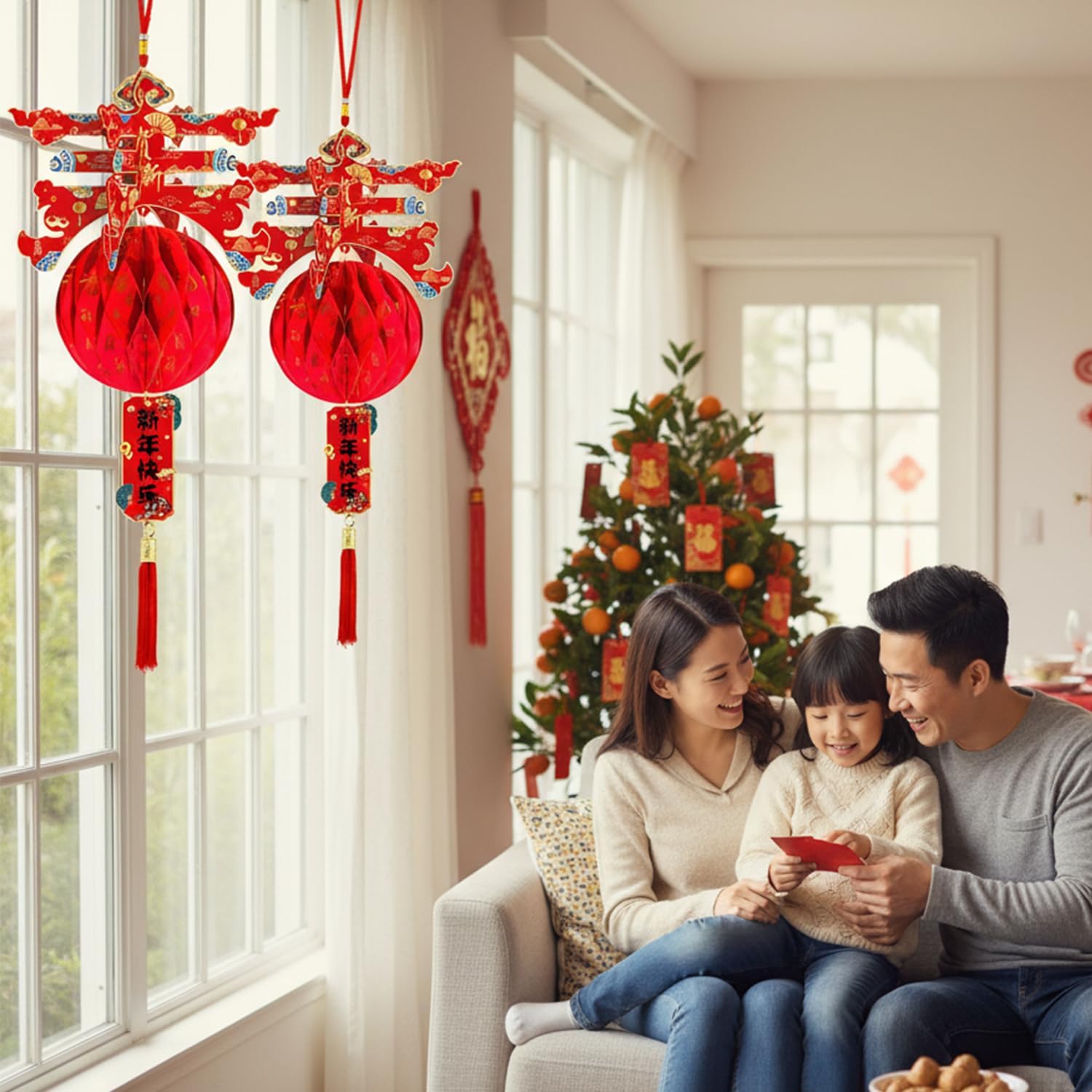 2PCS Chinese Lanterns Chinese New Year Red Paper Lanterns Chinese Hanging Ornament Festival Lanterns for Spring Festival Decoration (Chun Character)-