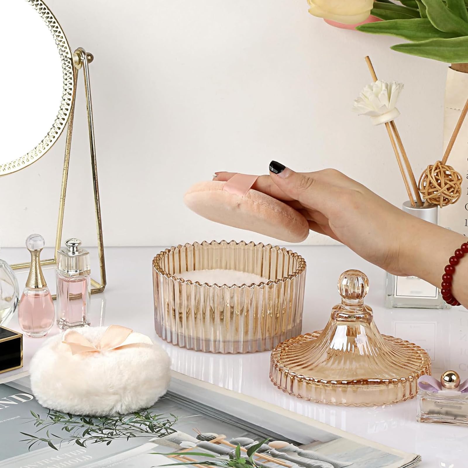 Contenitori In Vetro Per Polvere, Contenitore per Polvere per Il Corpo, Barattolo Di Polvere Di Cristallo, Con Piuminitalco, per Neonati, Regalo Adatto Alle Donne (Ambra)