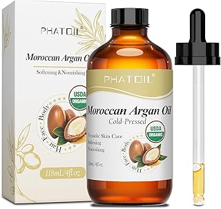 PHATOIL Organic Moroccan Argan Oil for Hair 118 ml (4 fl.oz), USDA Certified Organic, Cold Pressed Argan Oil in Glass Bottle for Face, Skin & Nail Care, Ideal for All Hair Types
