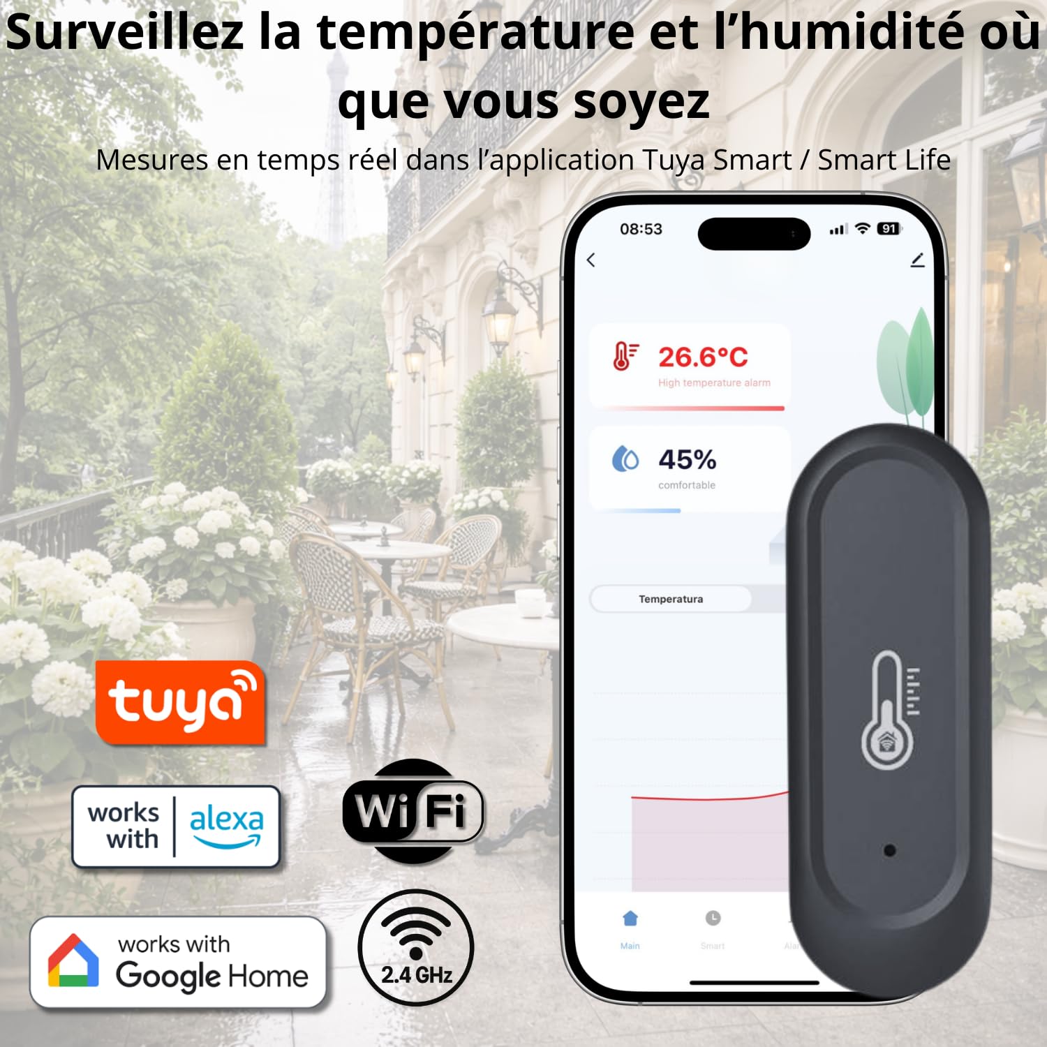 Sone Smart One Capteur Température Humidité WiFi 2.4GHz IP65 Extérieur Intérieur Noir - Thermomètre Hygromètre Connecté Tuya Smart Life - Sans Passerelle - Piles Non Incluses