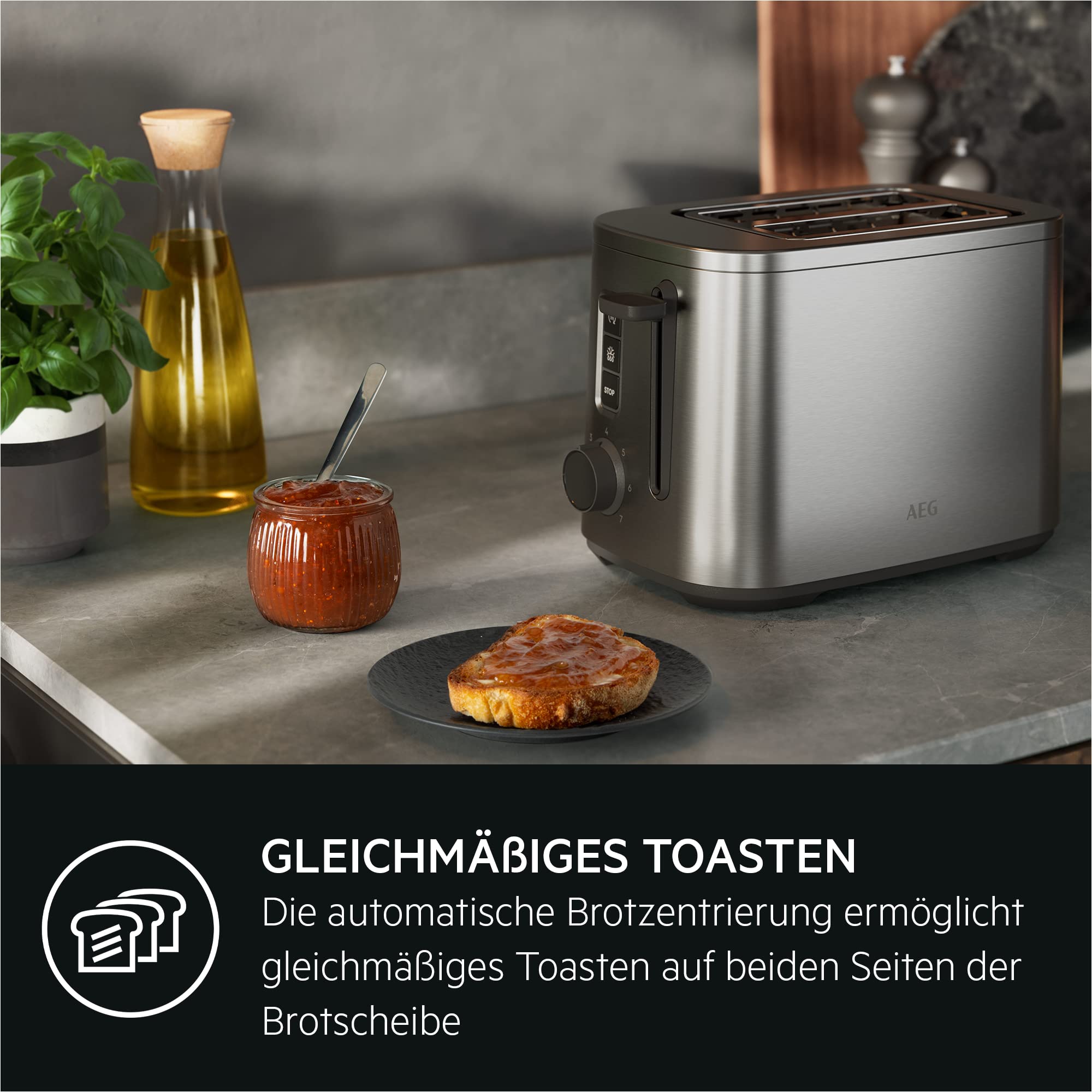 AEG T5-1-4ST Toster Deli 5/7 ustawień tostów/timer odliczania/przycisk zatrzymania, rozmrażania, podgrzewania/automatyczne centrowanie/obudowa Cool-Touch/szerokie szczeliny/szuflada na