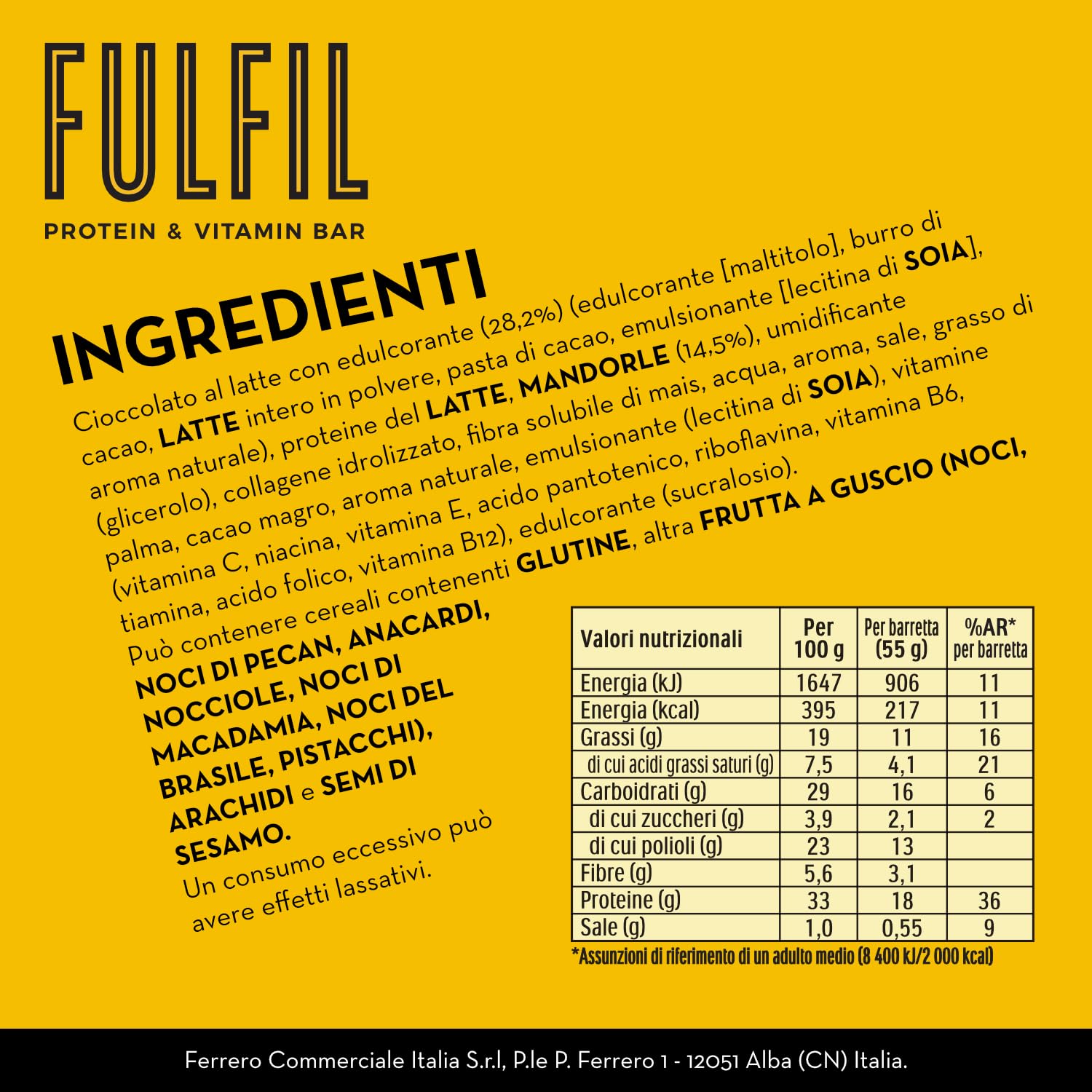 FULFIL - 15 Barrette Proteiche da 55 Grammi, Gusto Cioccolato al Latte e Mandorla con 9 Vitamine e Pochi Zuccheri, Confezione da 825 Grammi