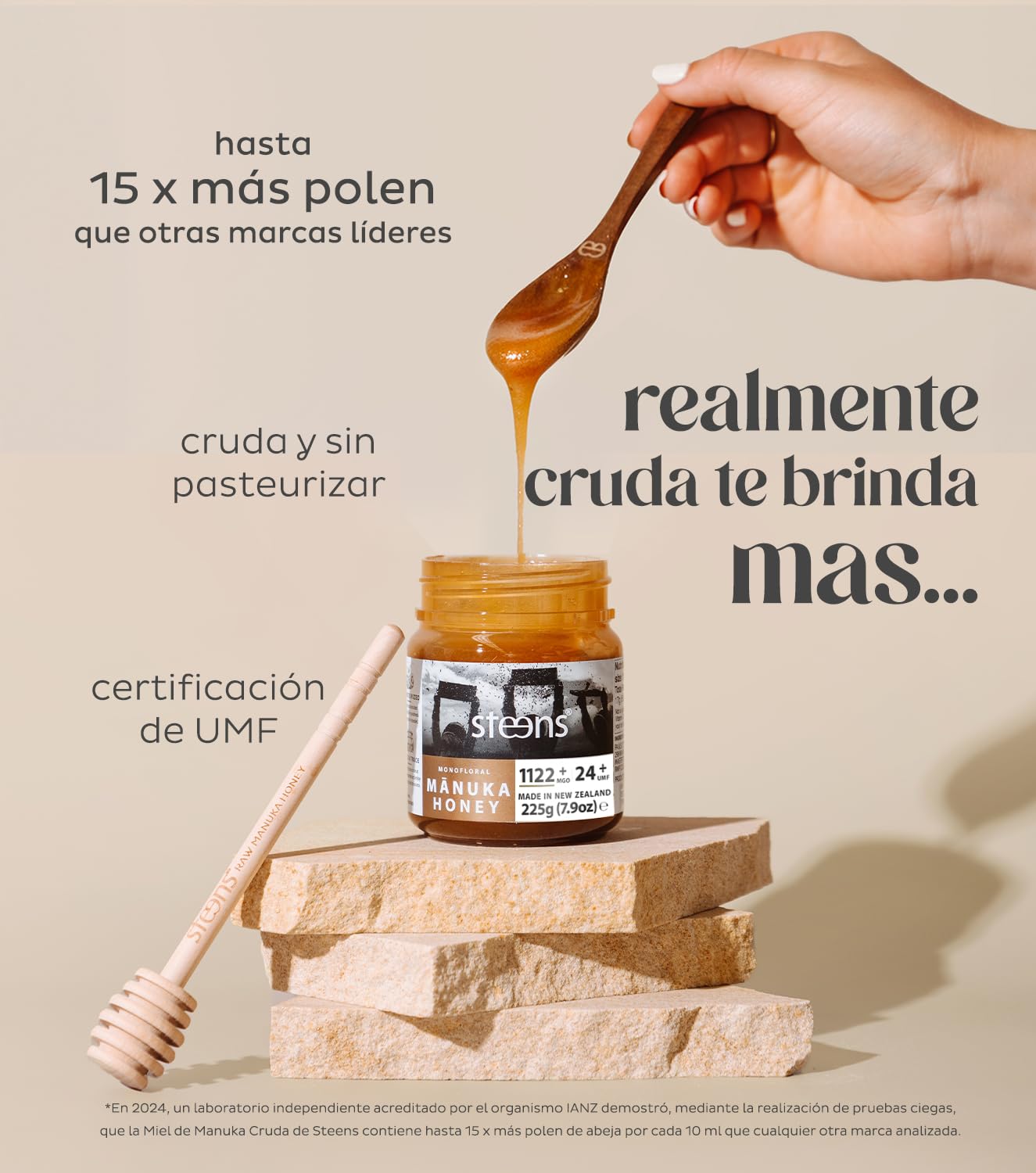 Miel de Manuka Steens MGO 1122+ - 225 g de miel pura y cruda, 100% certificada UMF 24+ - superior a la miel de Manuka de 1000 MGO - envasada y sellada en Nueva Zelanda