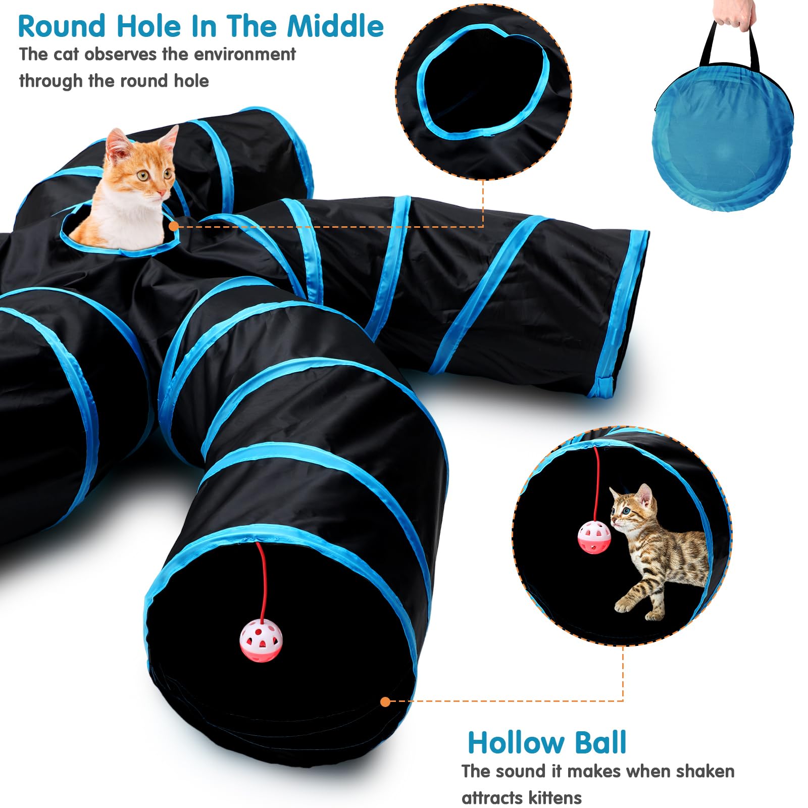 Poen Juego de 21 juguetes para gatos con túnel plegable de 5 vías para gatos de interior y 20 juguetes para gatitos, juguete interactivo de plumas para gatos, bolas arrugadas, tubo grande para gatos