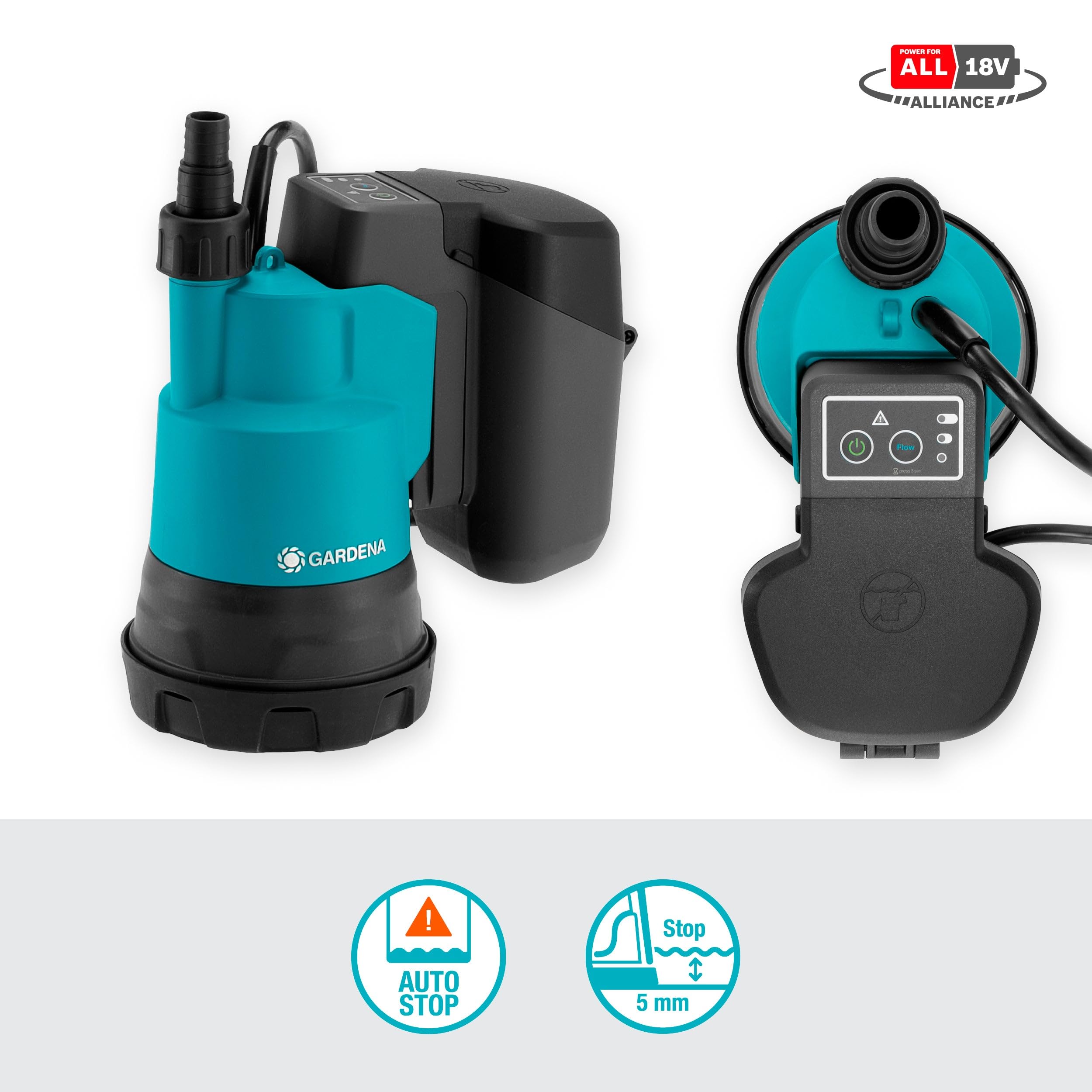 Gardena Bomba sumergible de agua limpia con batería 2000/2 18V P4A Set listo para usar: Alto caudal y presión, Niveles de potencia regulables, Filtro integrado (14600-20)