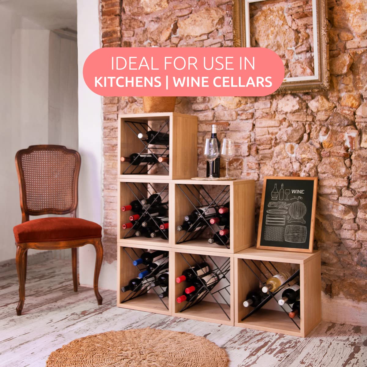 Compactor – Stapelbares Flaschenregal für 12 Flaschen – Weinregal aus Naturholz mit Metallkreuzen – Flaschenhalter für Wein, Wasser oder Sekt – Praktisches stapelbares Design