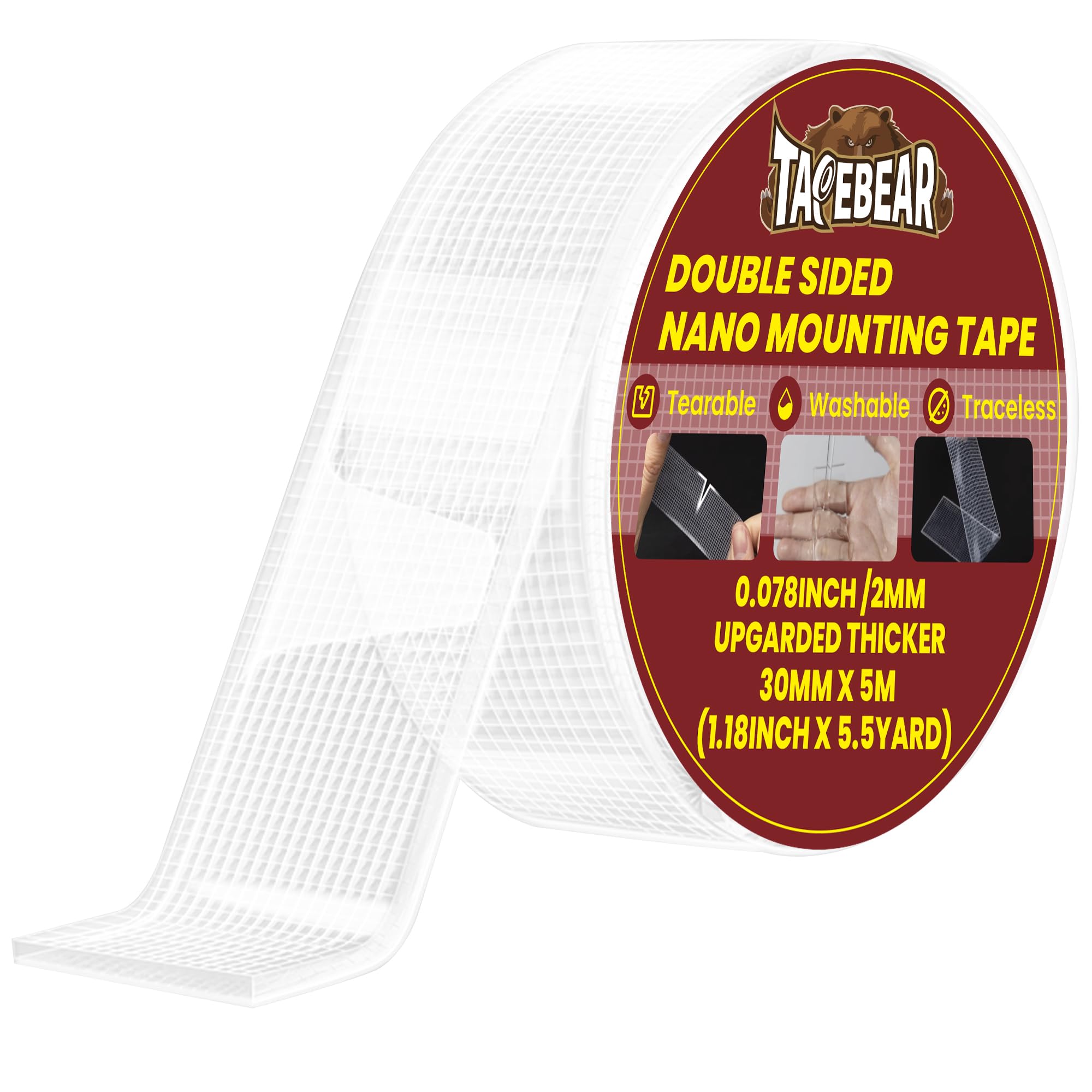 TAPEBEAR Nano Tape Tear by Hand, Double Sided Mounting Tape 1.18" x 16.4Ft, 0.08" Thick Strong Tape, Reusable Clear Gel Wall Sticky Strips, Traceless,