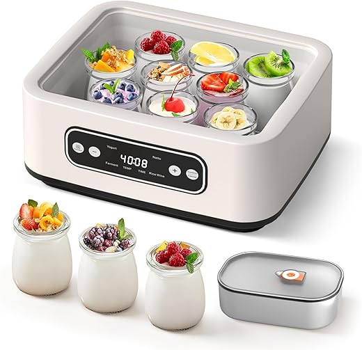 OKYUK Yogurt Maker with 1.6L 304 Stainless Steel Inner Pot and 9 Portable Cups, 4-in-1 Yogurt Machine with PTC Function and Timer for Homemade Yogurt/Natto/Rice Wine/Fermentation