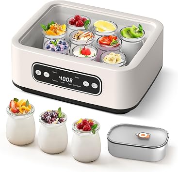 Smart Yogurt Maker with 9-Cup Glass Jars 1.6L Stainless Steel Inner Pot, 4-in-1 Digital Display Multifunctional Yogurt Machine Adjustable Temp & Timer for Homemade Yogurt, Fermentation, Natto & Rice
