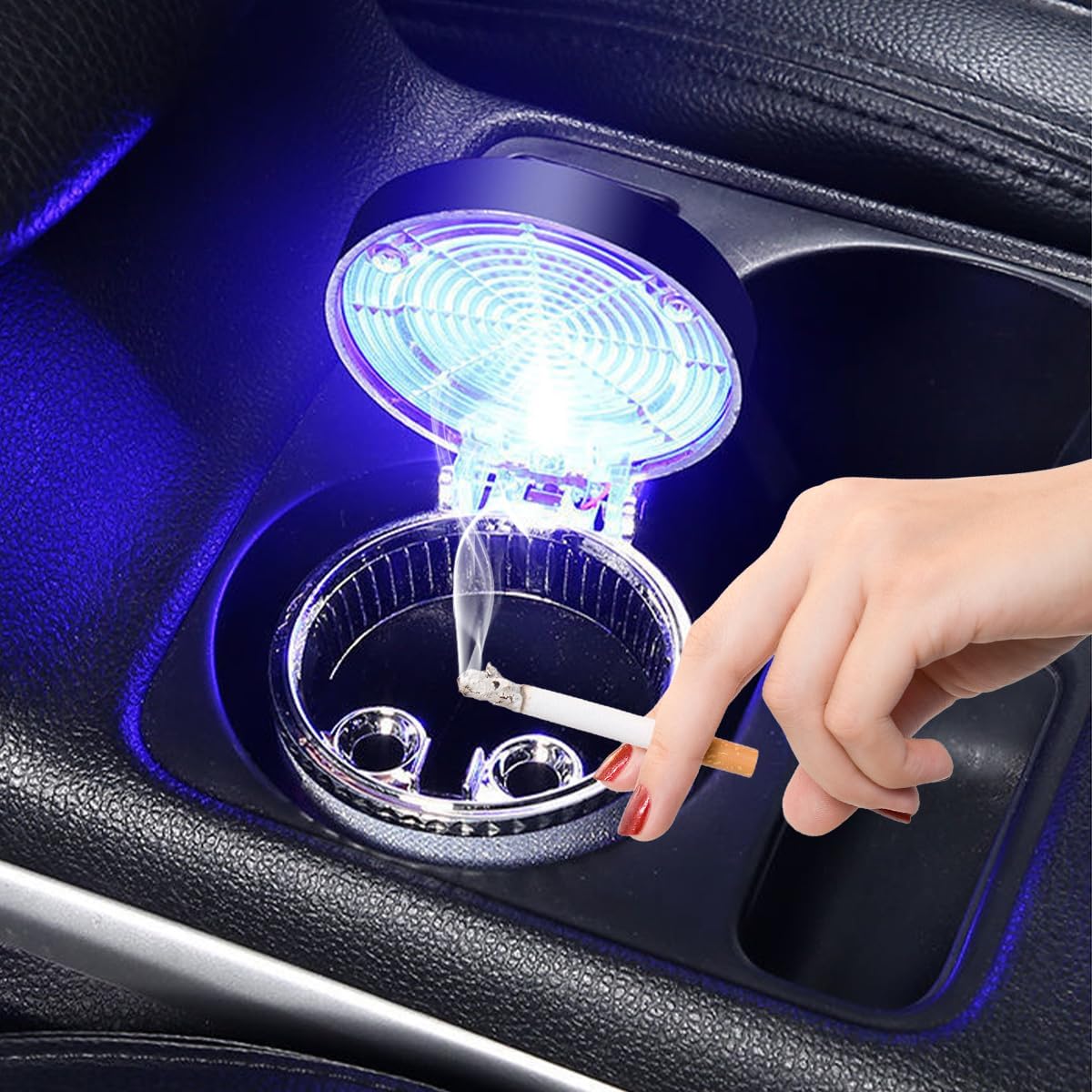 Car Ashtray with LED Light, Smell Proof Portable Mini Vehicle Trash Can Ashtray with Lid, Light Automotive Cup Holder Ash Tray Accessories, Universal for SUV, Sedan, Truck