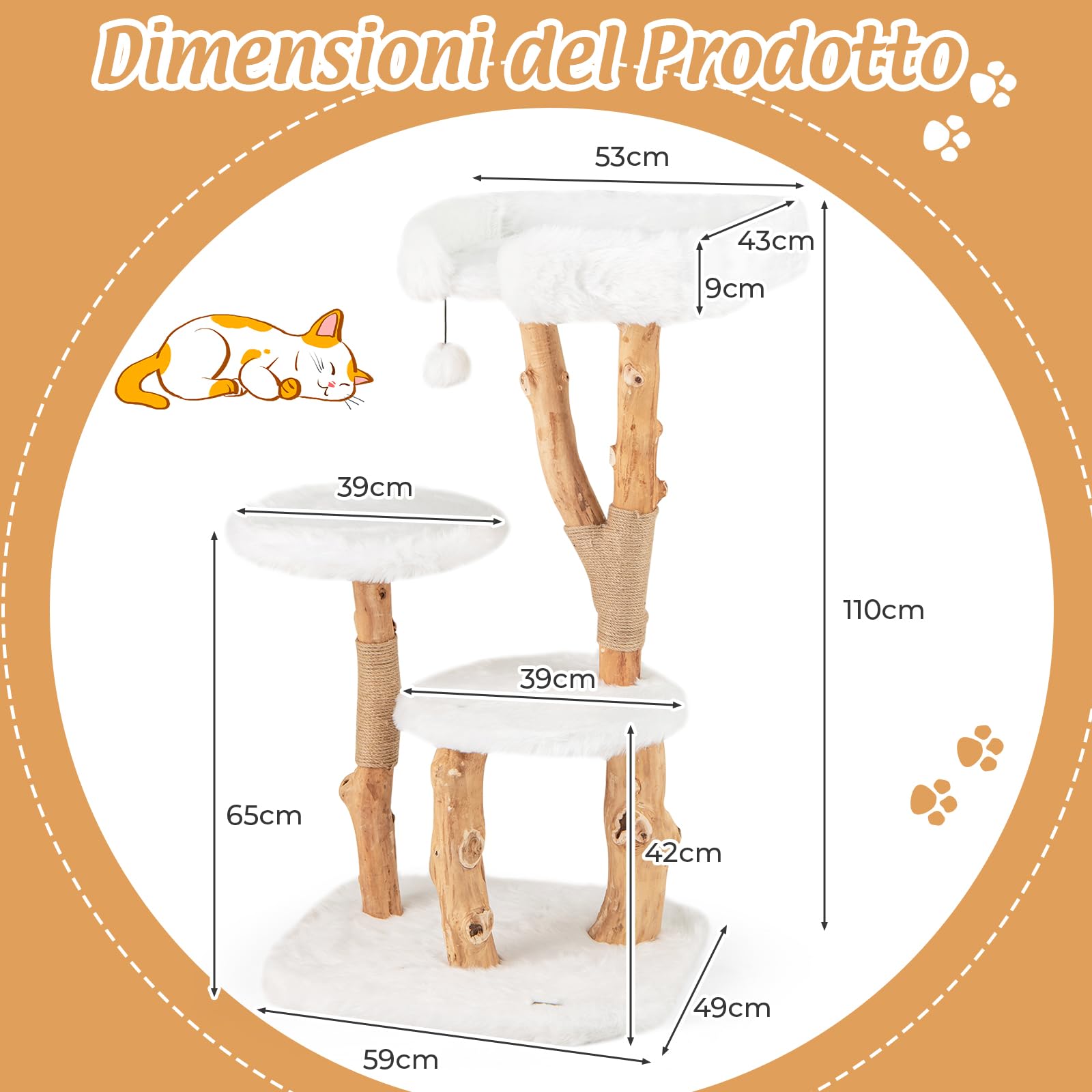 GYMAX Tiragraffi per Gatti, 59 x 49 x 110 cm, Sisal, in Legno Massiccio, Ideale per Gatti Adulti (Stile 3)