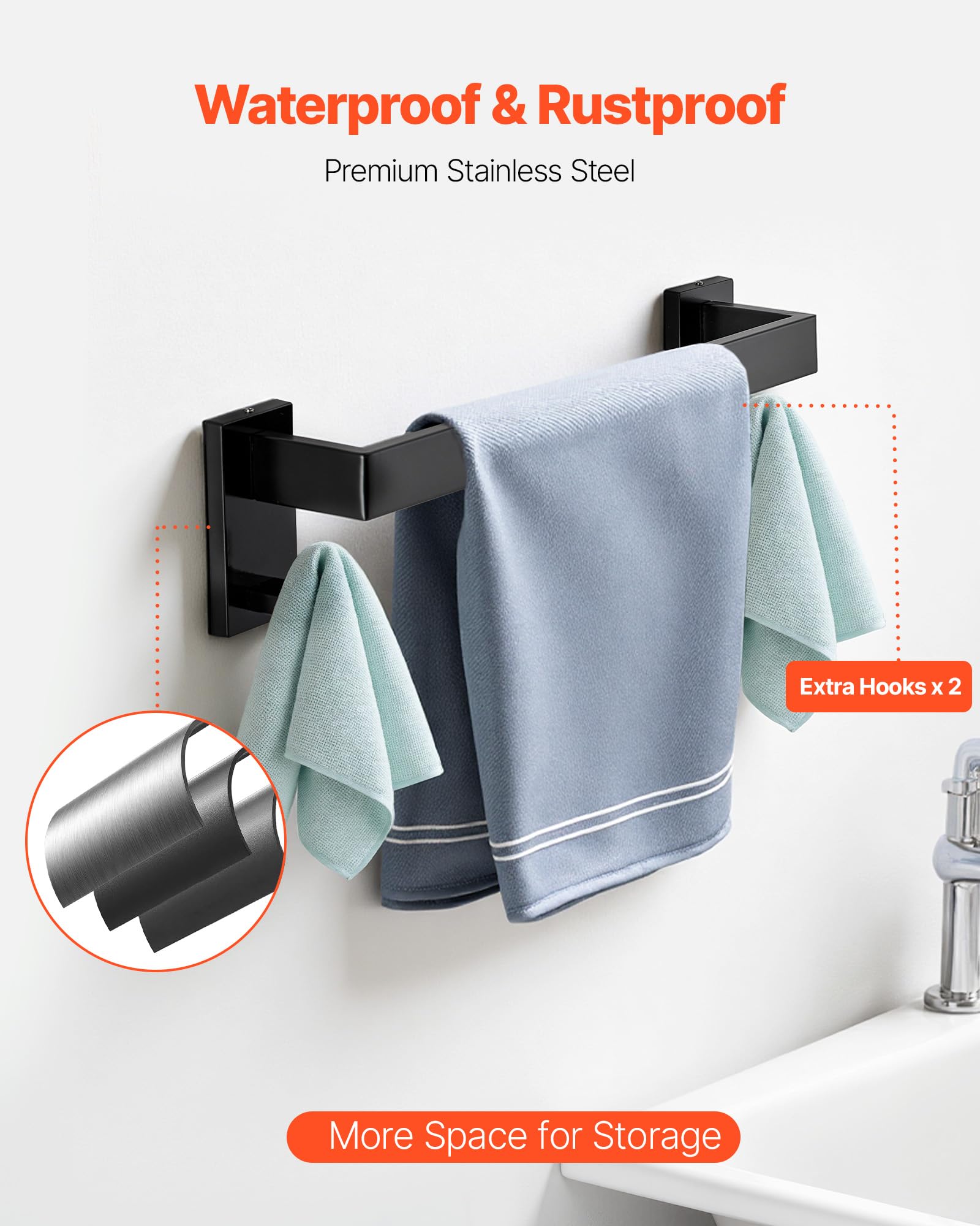 VEVOR Juego de Accesorios de Baño, Acero Inoxidable, con Toallero, Toallero Cuadrado, 2 Ganchos y Portarrollos Papel Higiénico, para Baño, Montaje en Pared, Negro Mate, 400 x 100 x 78 mm, 5 uds